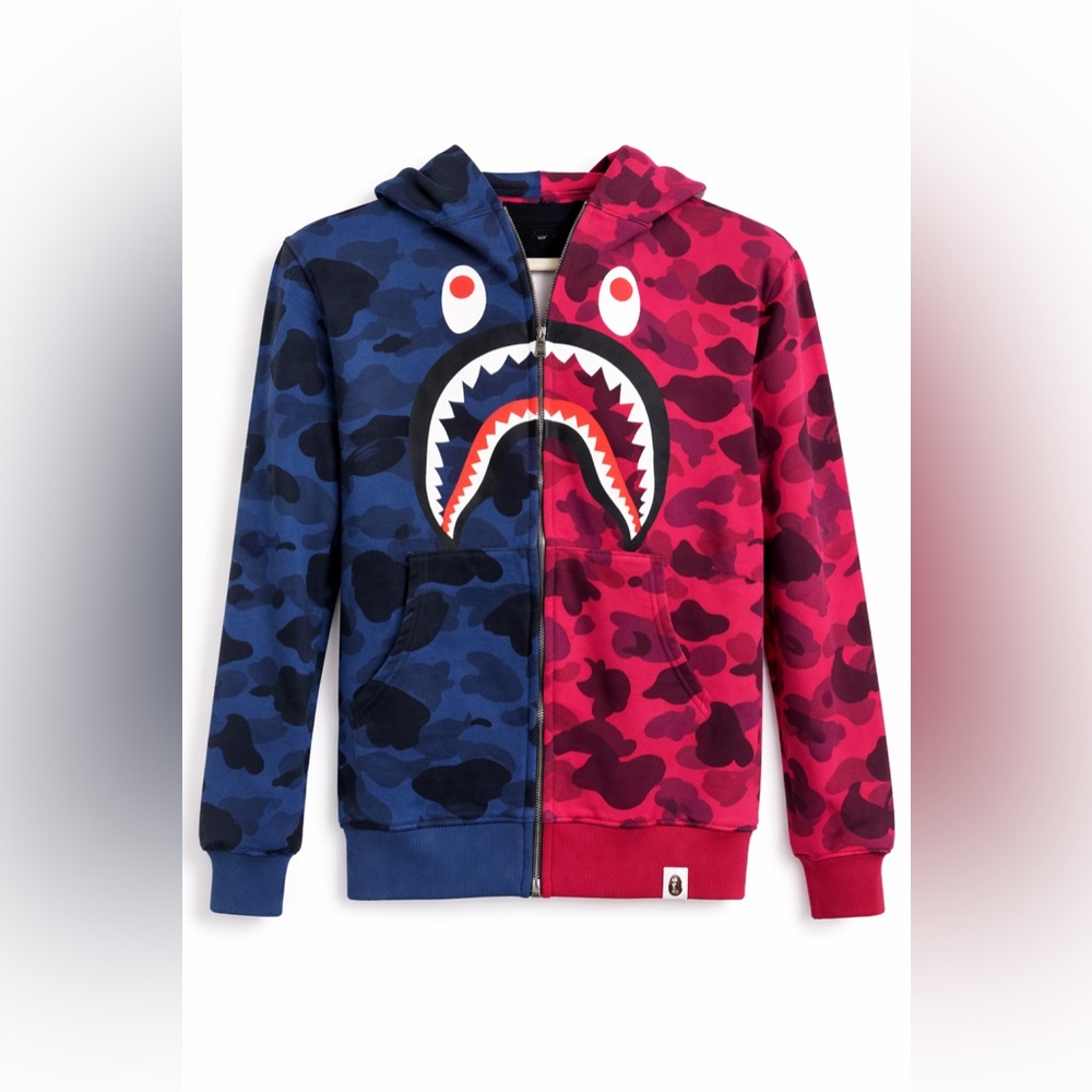 BAPE A Bathing Ape Split Camo Shark Full-Zip Hoodie Size S 100% Cotton